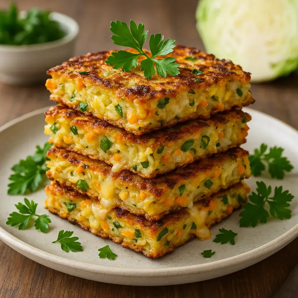 Cabbage and vegetable fritters stacked on a plate, crispy golden brown with parsley garnish