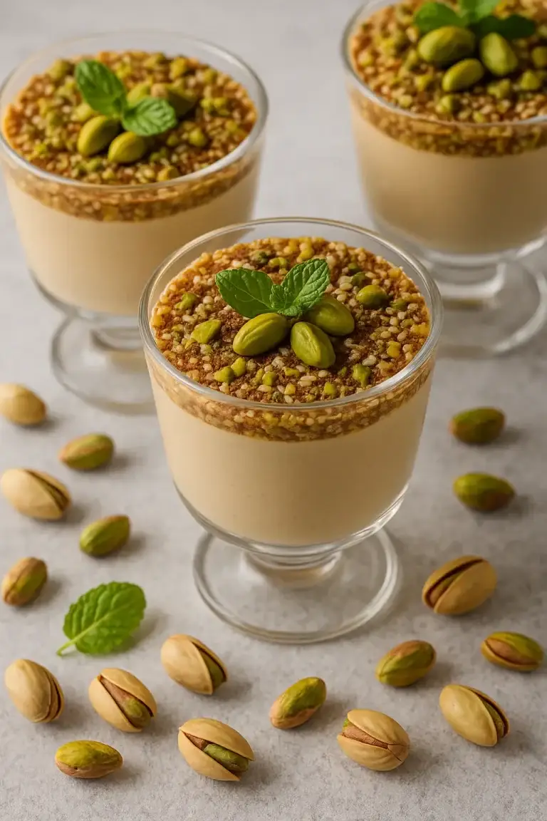Pistachio Coffee Mousse with sesame crunch in a glass cup – trending dessert recipe 2025