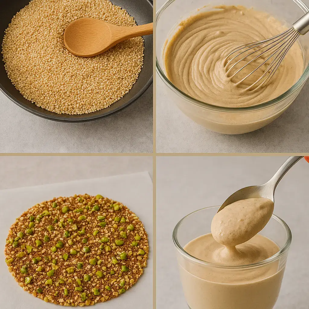 Ingredients for pistachio coffee mousse recipe with cream cheese, pistachios, sesame seeds, instant coffee