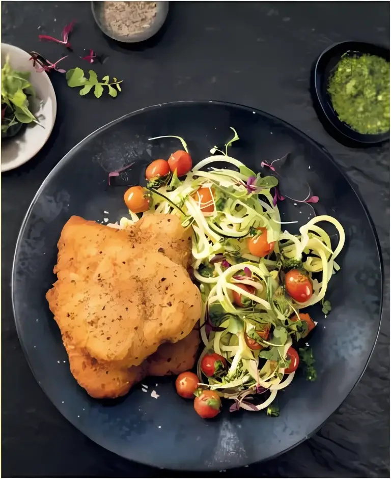 Best Crispy Chicken Schnitzel with Basil Pesto Zucchini Noodles (Easy & Healthy Recipe)